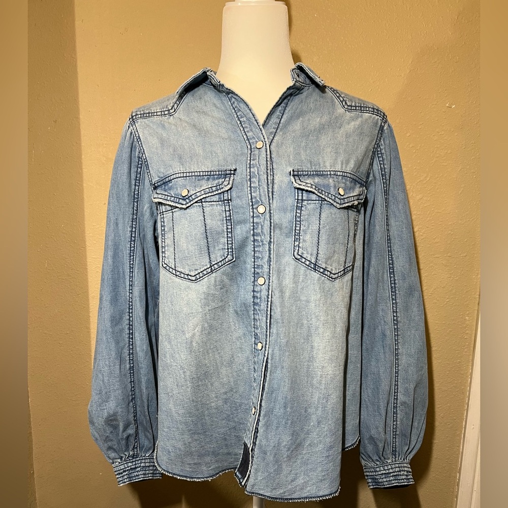 Free People We The Free With Love Denim Shirt with Western Puff Sleeve